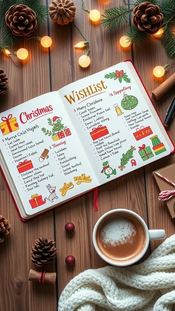 Aesthetic Christmas wishlist journal with decorated pages, gifts images, and festive decorations on a wooden table.